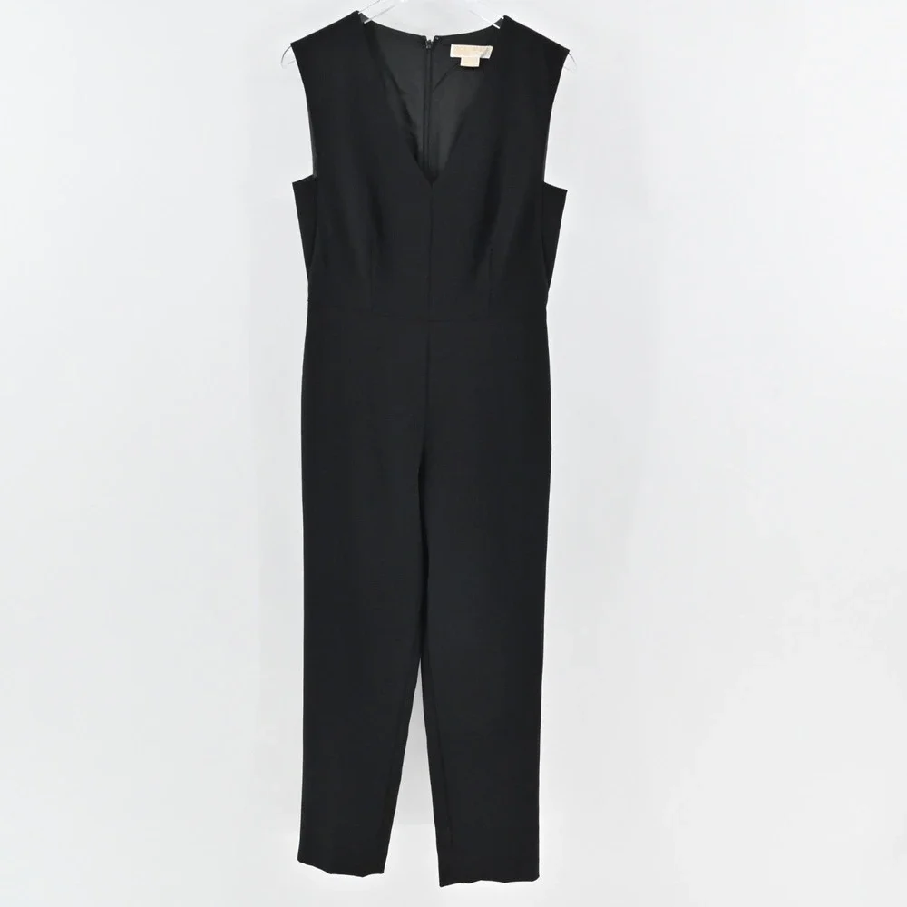 Michael Kors Jumpsuit Womens Sz 8 Black Sleeveless V Neck High Waist Tapered Leg